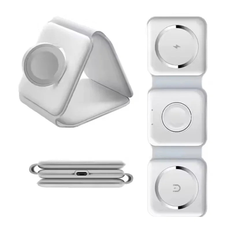 Magnetic 3-in-1 Wireless Charging Station – Foldable 15W Fast Charger for iPhone, Watch & Earbuds