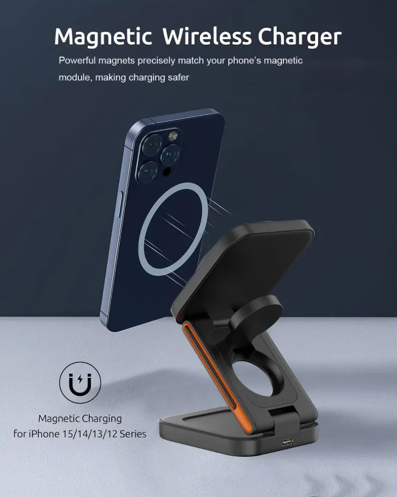 Foldable 3-in-1 Magnetic Wireless Charger – Fast Charging Stand for iPhone, Apple Watch & AirPods