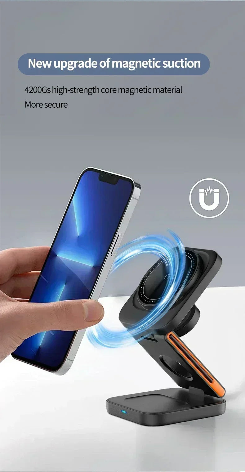 Foldable 3-in-1 Magnetic Wireless Charger – Fast Charging Stand for iPhone, Apple Watch & AirPods