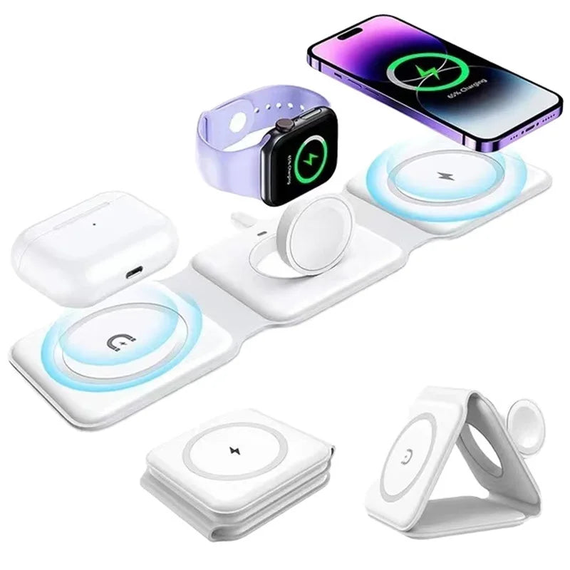 Magnetic 3-in-1 Wireless Charging Station – Foldable 15W Fast Charger for iPhone, Watch & Earbuds