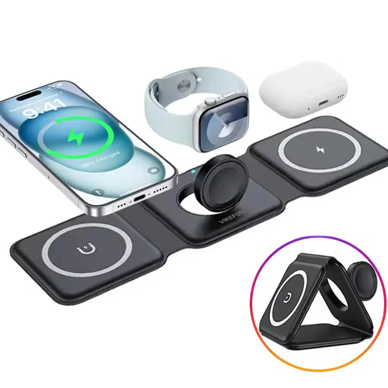 Magnetic 3-in-1 Wireless Charging Station – Foldable 15W Fast Charger for iPhone, Watch & Earbuds