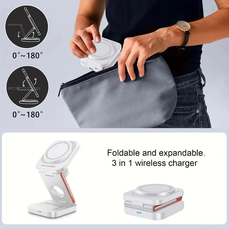 Foldable 3-in-1 Magnetic Wireless Charger – Fast Charging Stand for iPhone, Apple Watch & AirPods