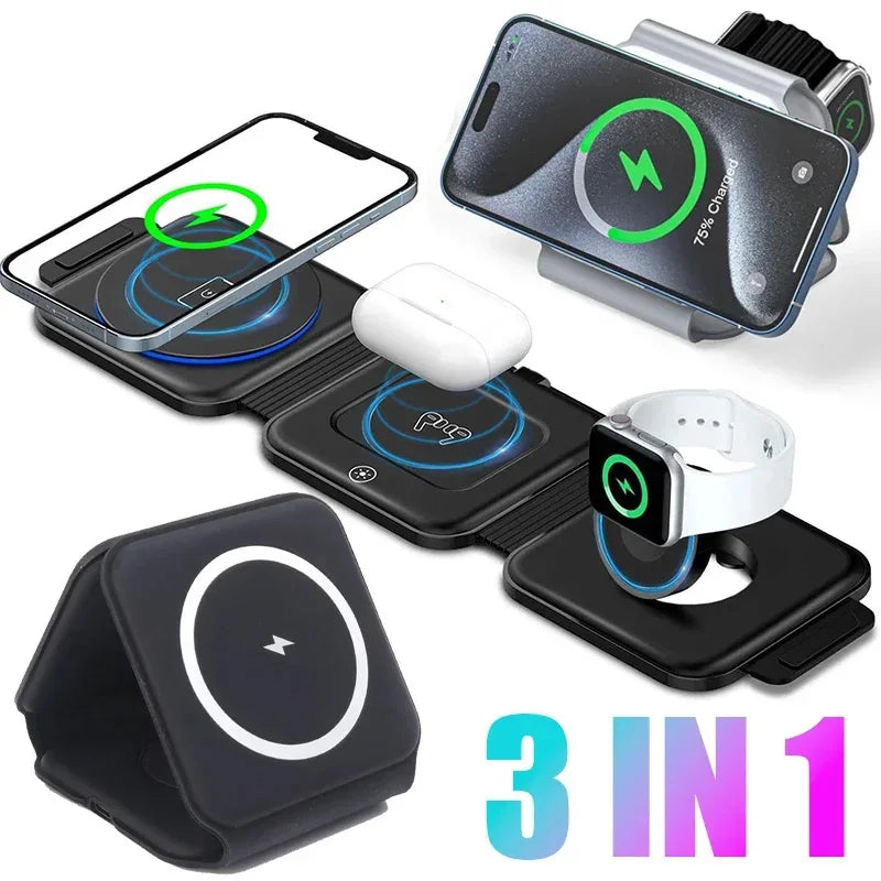 Magnetic 3-in-1 Wireless Charging Station – Foldable 15W Fast Charger for iPhone, Watch & Earbuds