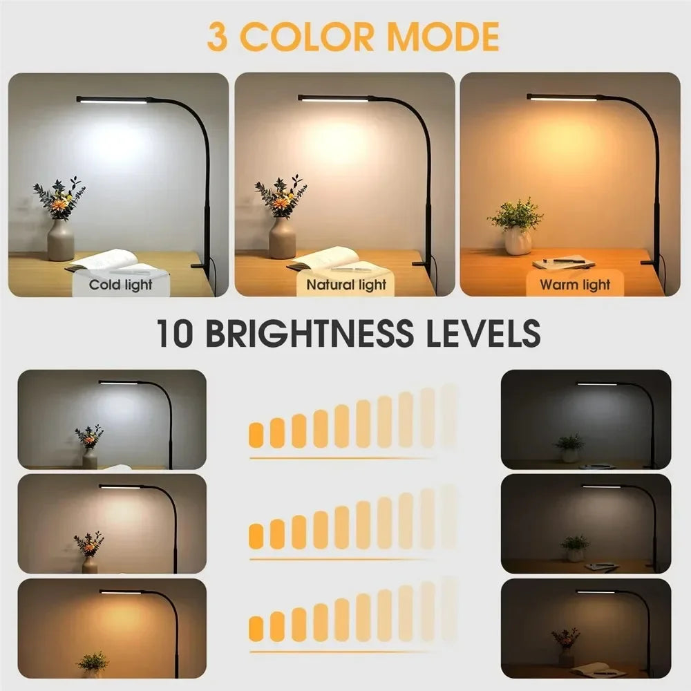 Double-Head LED Desk Lamp – Dimmable Eye-Care Light with 3 Color Modes