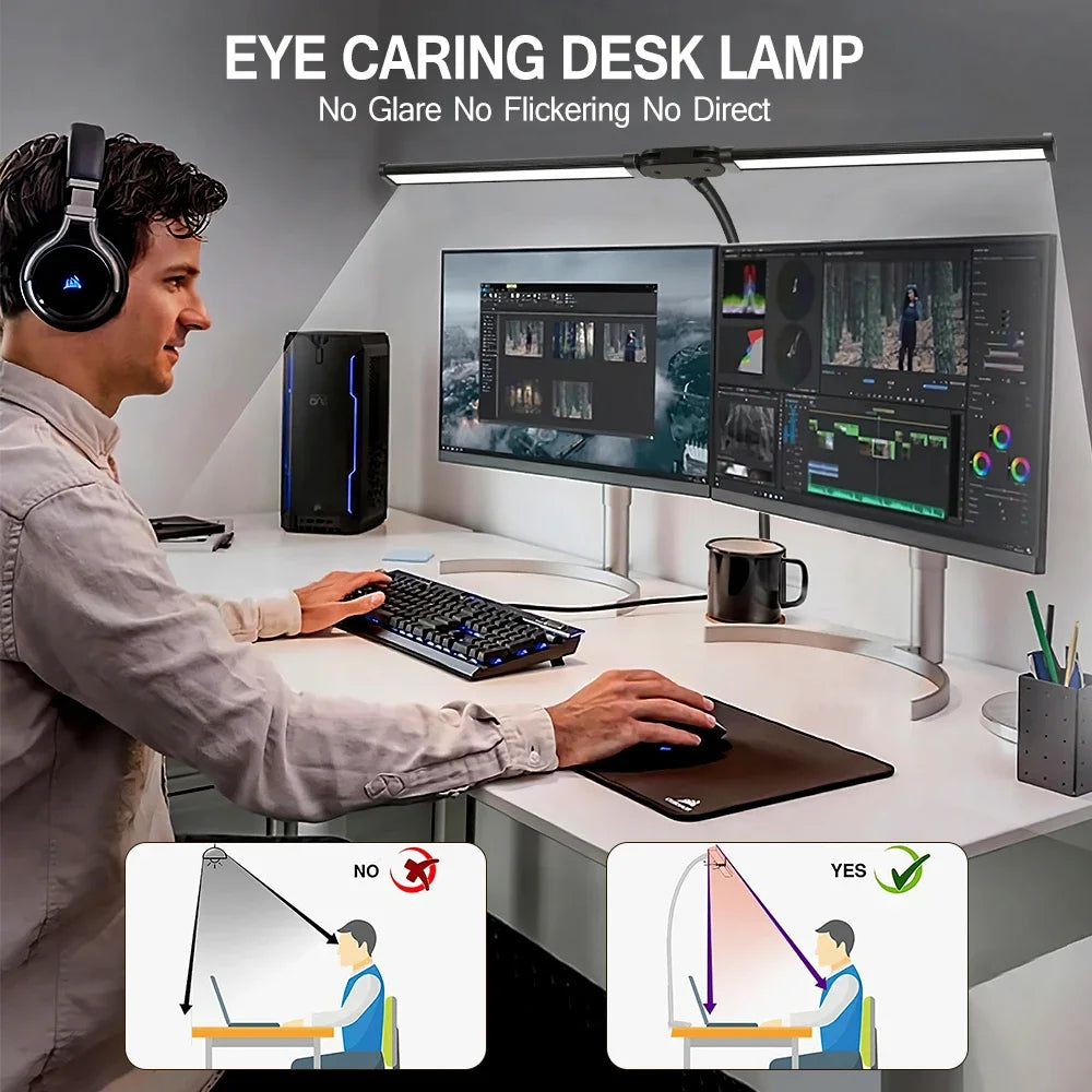 Double-Head LED Desk Lamp – Dimmable Eye-Care Light with 3 Color Modes
