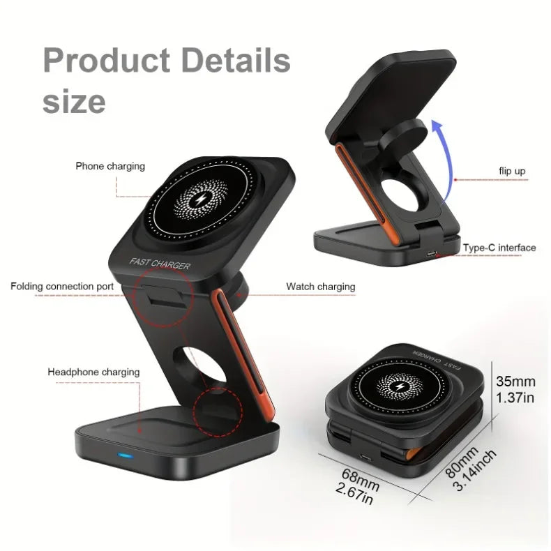 Foldable 3-in-1 Magnetic Wireless Charger – Fast Charging Stand for iPhone, Apple Watch & AirPods