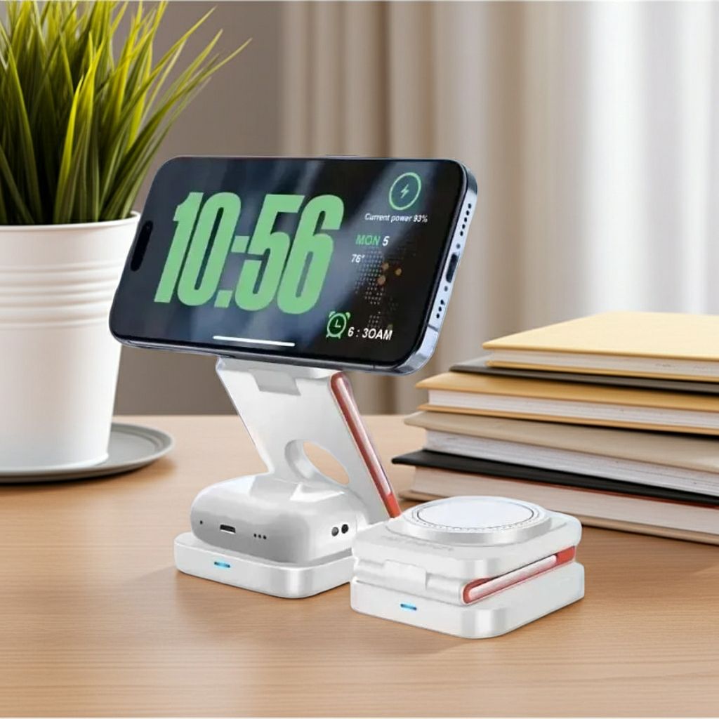 Foldable 3-in-1 Magnetic Wireless Charger – Fast Charging Stand for iPhone, Apple Watch & AirPods